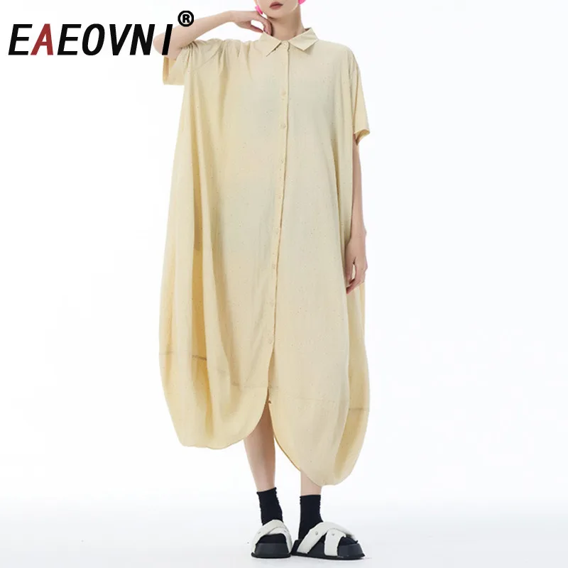 

EAEOVNI Minimalism Solid Color Loose Long Dress Women Casual Lapel Short Sleeve Button Versatile Clothing Fashion 2025 New