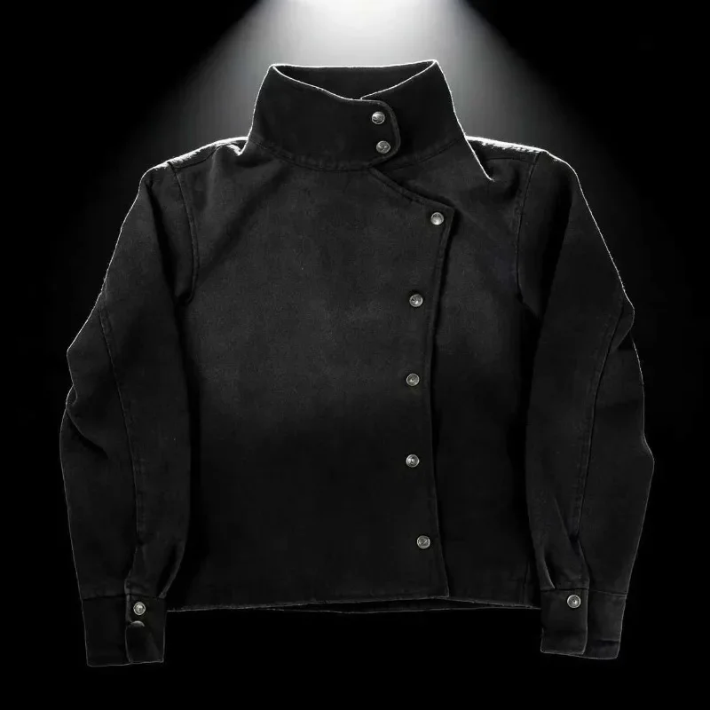 Y2k Harajuku Uniform Jacket Black Distressed Wash Buttons Fencing Denim Jacket Gothic Casual Streetwear Unisex Oversize Clothing