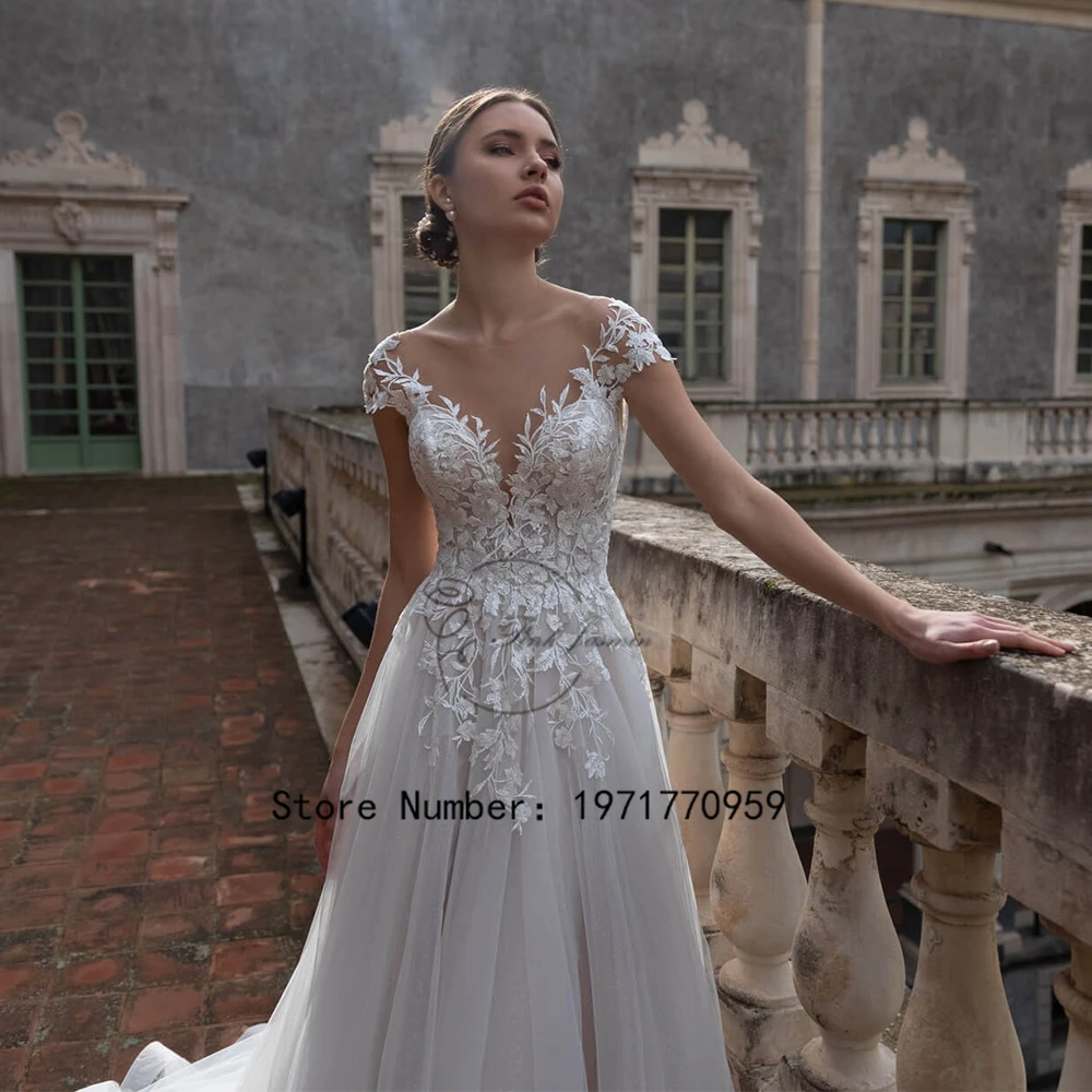 Exquisitos vestidos De novia De tul De marfil, cuello redondo, Mangas De Copa, apliques elegantes, tren De corte, vestidos De novia De línea A, espalda abierta