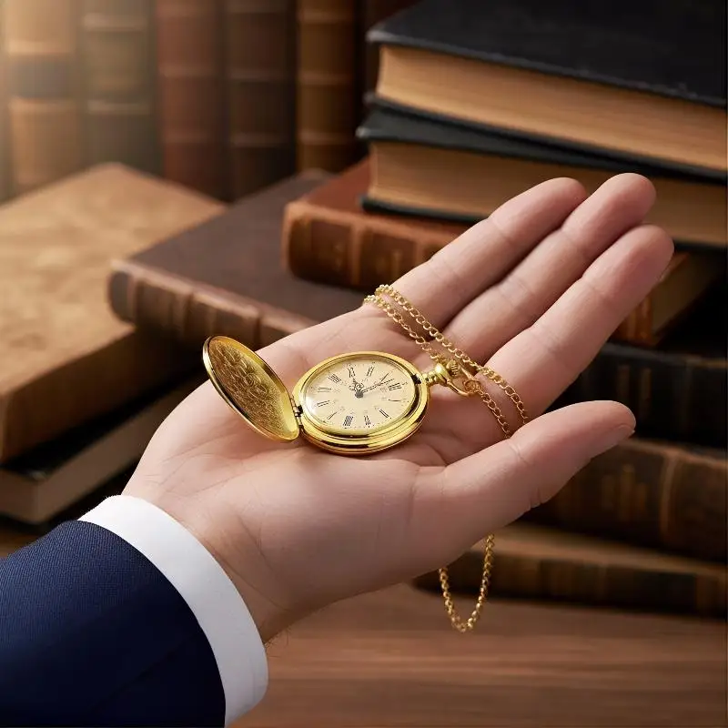 Vintage Gold Pocket Watch Men Quartz Chain Circular Dress Watch Retro Jewelry Souvenir Gift Father Groom Birthday Anniversary