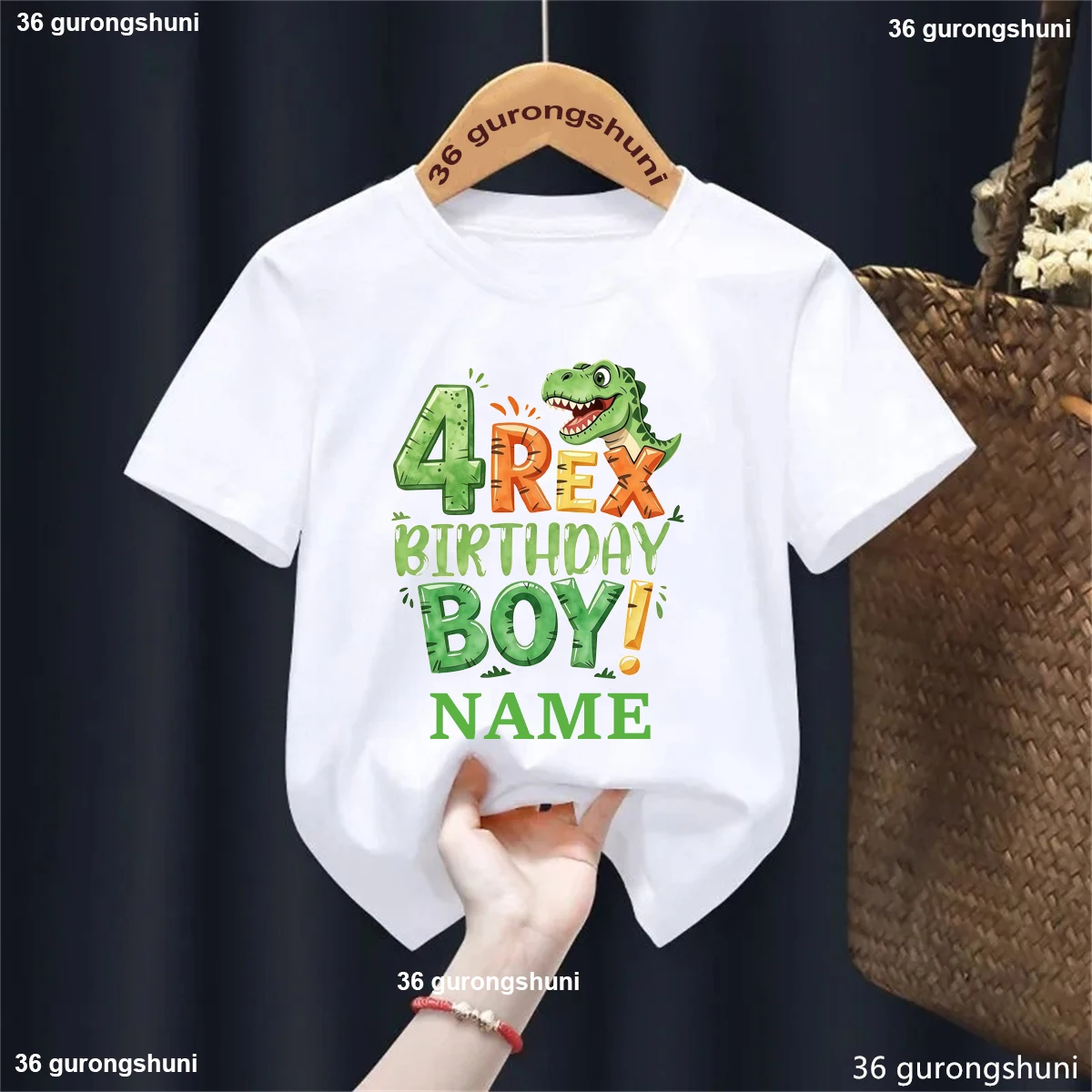 Personalized Name Funny Tyrannosaurus Rex 1-7 Year Old Dinosaur Birthday Number Print Boy T-Shirt -Cute Kids Birthday Party Gift