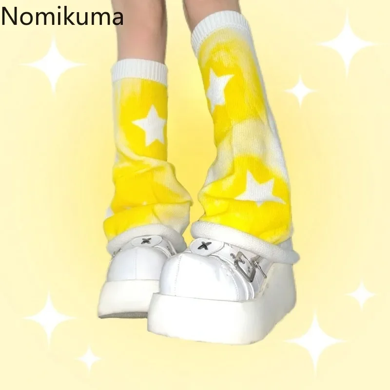 Y2k Harajuku Yellow Star Knitted Leg Cover Japanese Kawaii Women Leg Warmer Socks Woman Girls Streetwear Fashion Legwarmers