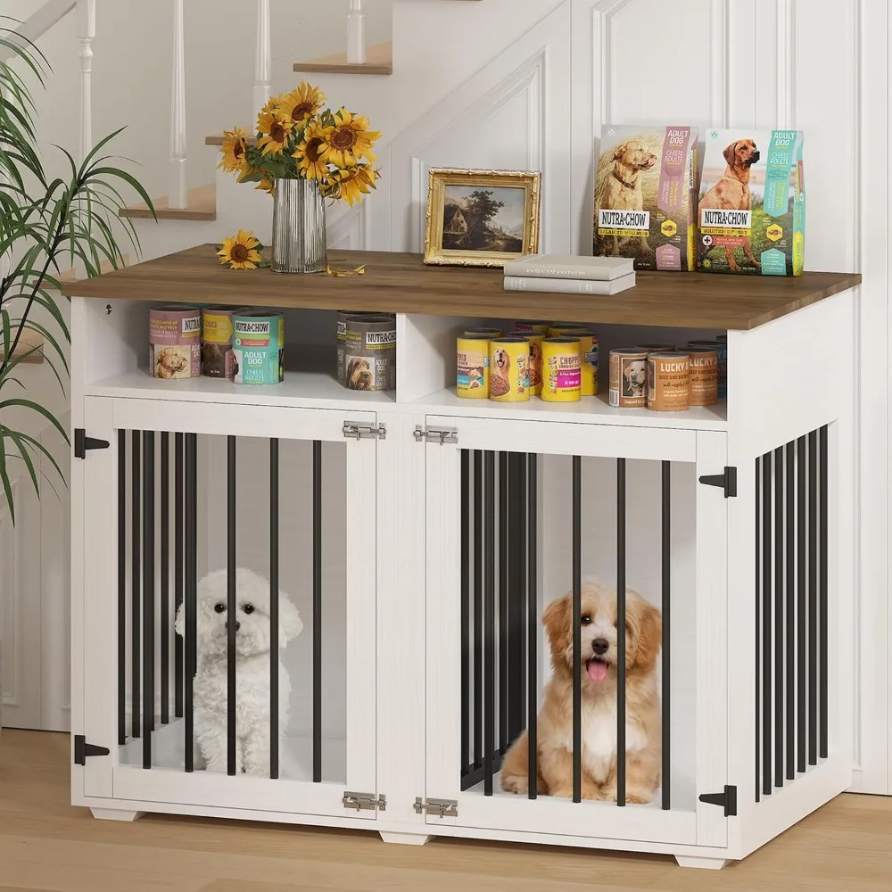 

41 inch Dog Crate Furniture, Farmhouse Dog Kennel Indoor with Divider & Shelf Storage, Wooden Indoor Dog Crate for 2 Dogs, Decor