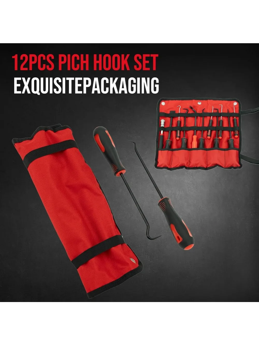 An 11-piece automotive hook and pick tool set, heavy duty, insulated, non-electric, for O-rings, washers and micro parts.