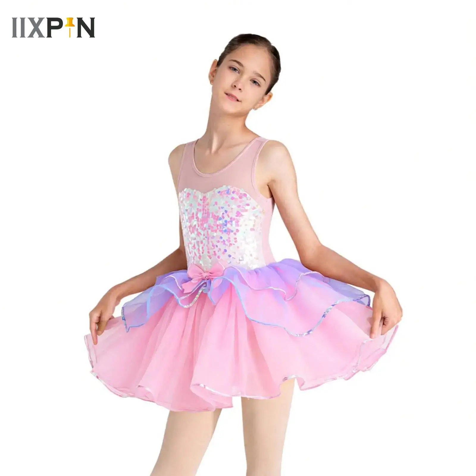 

Балетное платье-пачка с блестками для детей, блестящий гимнастический купальник для девочек, сетчатый купальник с бантом, танцевальная одежда для балерины, наряды для рейв-вечеринок