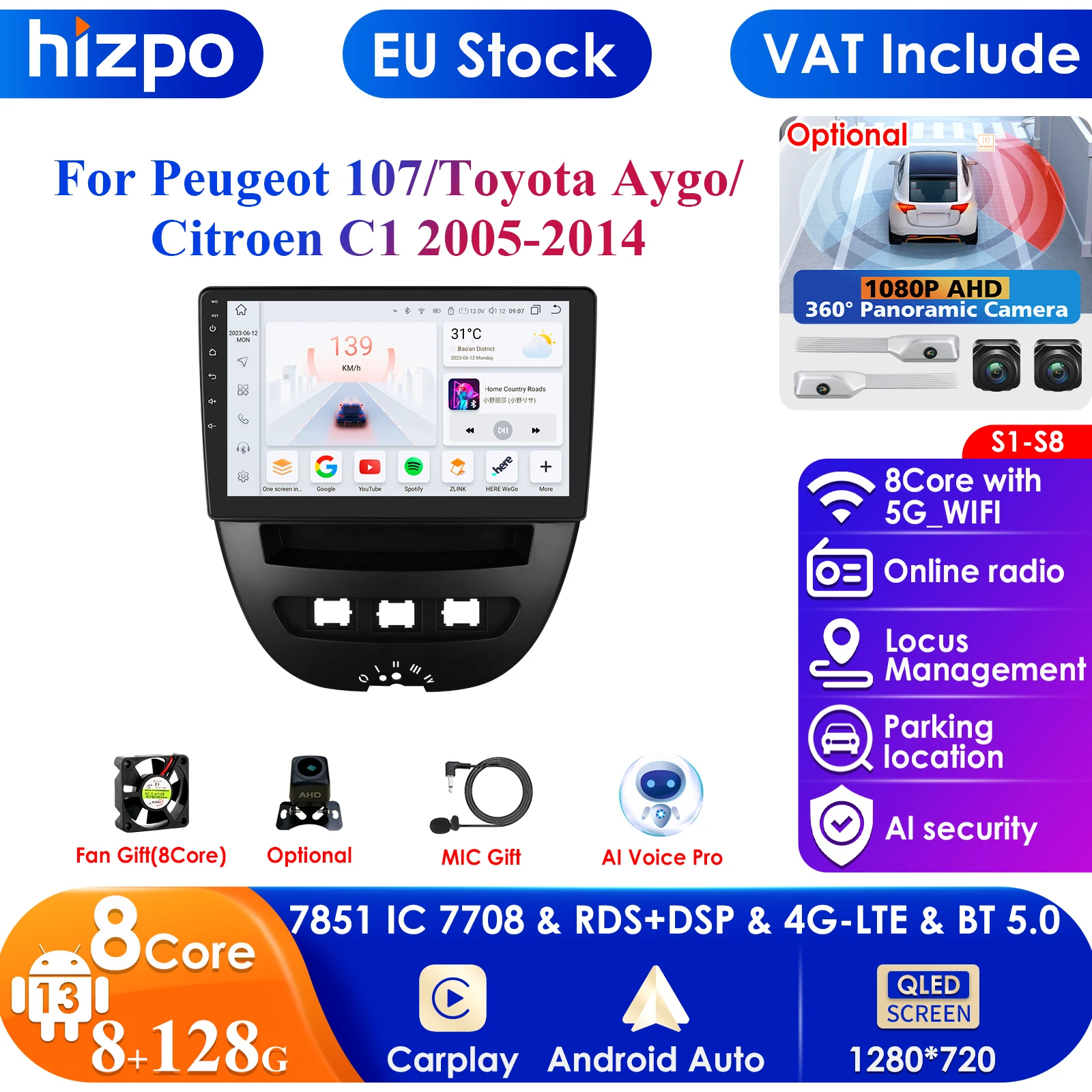 Intelligent Screen 2din Android Car Radio Multimedia Video Player for Peugeot 107 Toyota Aygo Citroen C1 GPS Carplay Auto 4G RDS