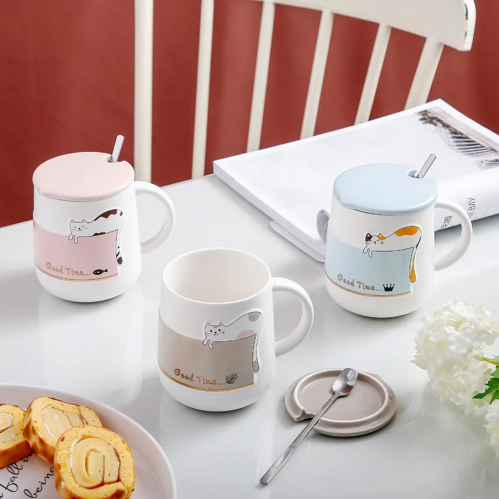 

Cute Cartoon Cat Ceramic Cup Decorative with Lid Water Cups with Spoon High Temperature Resistance Tea Cup Office