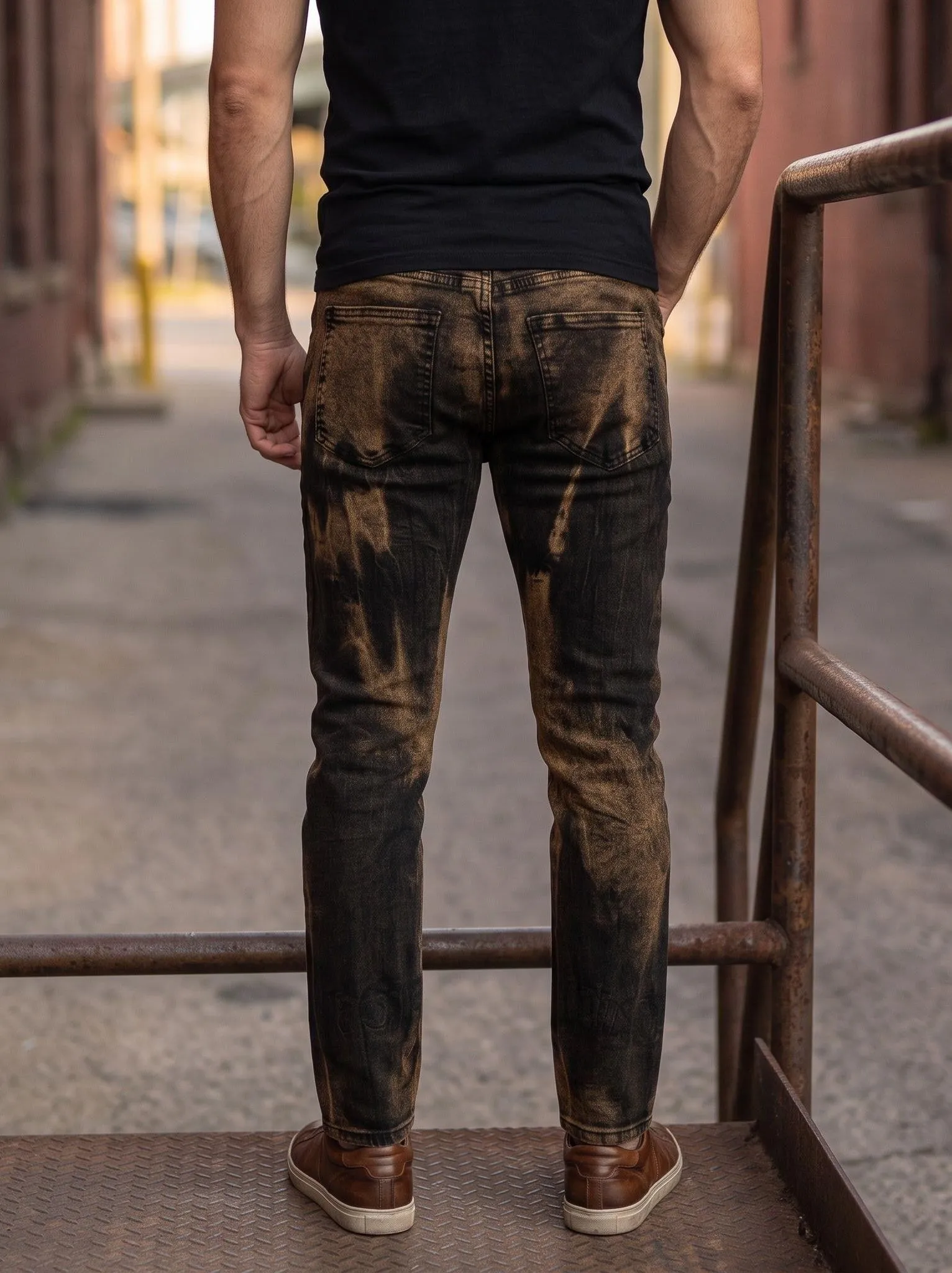 【HME】Men's Jeans | Mud‑Wash Distressed Denim Pants, Black‑Brown Mottled Bleached Men Denim Trousers, Irregular Fade Straight‑Fit Casual Pants, Vintage Street-Style Denim Bottoms For Daily Outdoor Styling