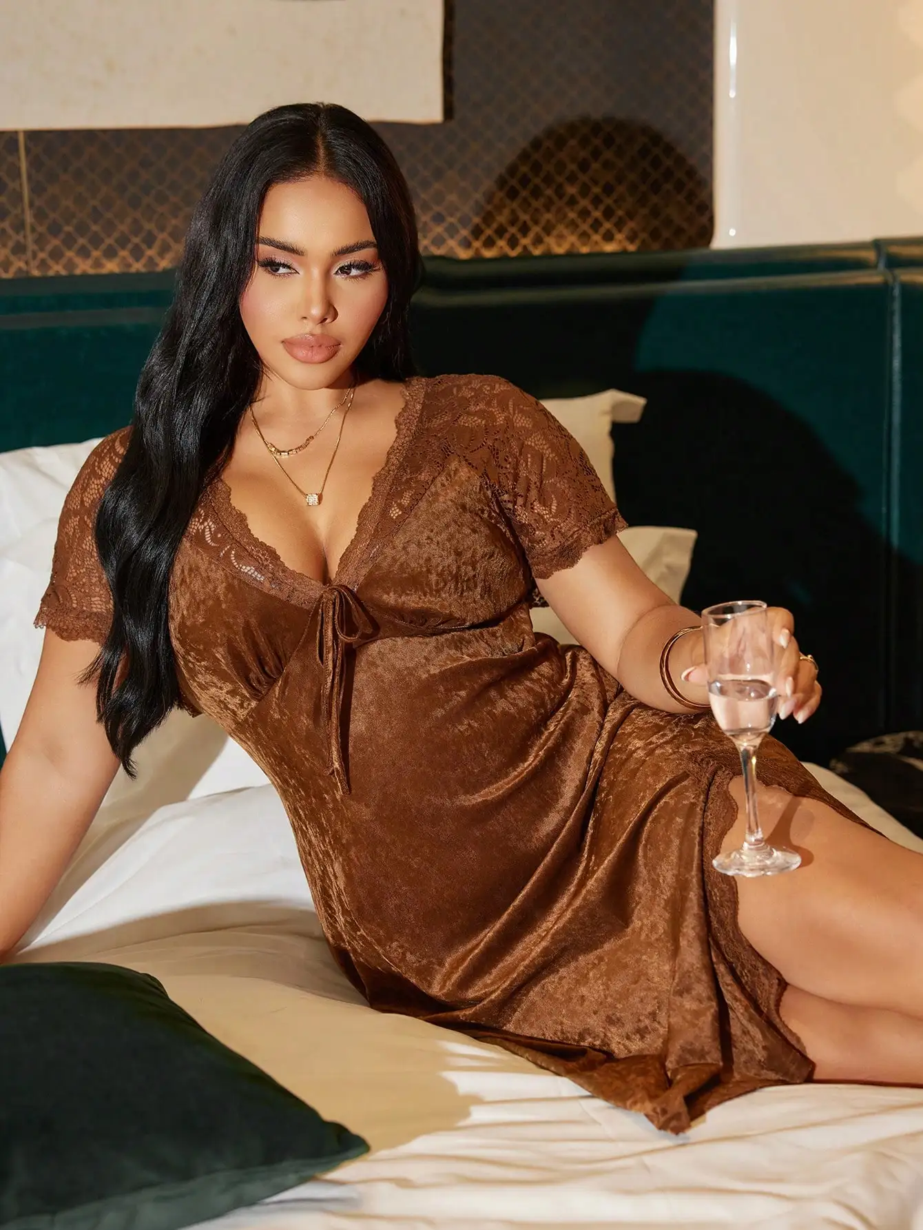

Brown Lace Trim Velvet Wrap Nightgown for Women - Plus Size
