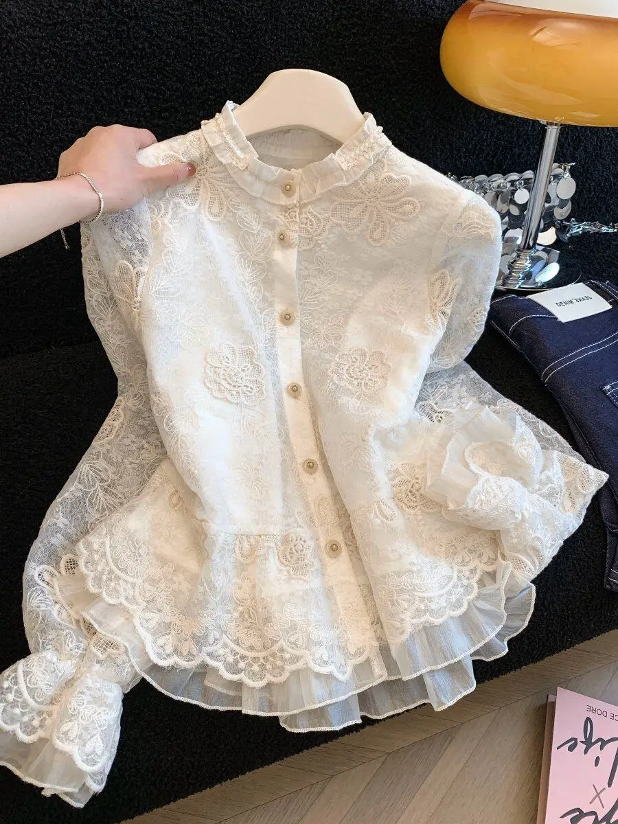 

French Style Embroidered Lace Shirt Women's Long Sleeve Self-Reserved New Spring Heavy Work Top Commute Regular Fit Button down