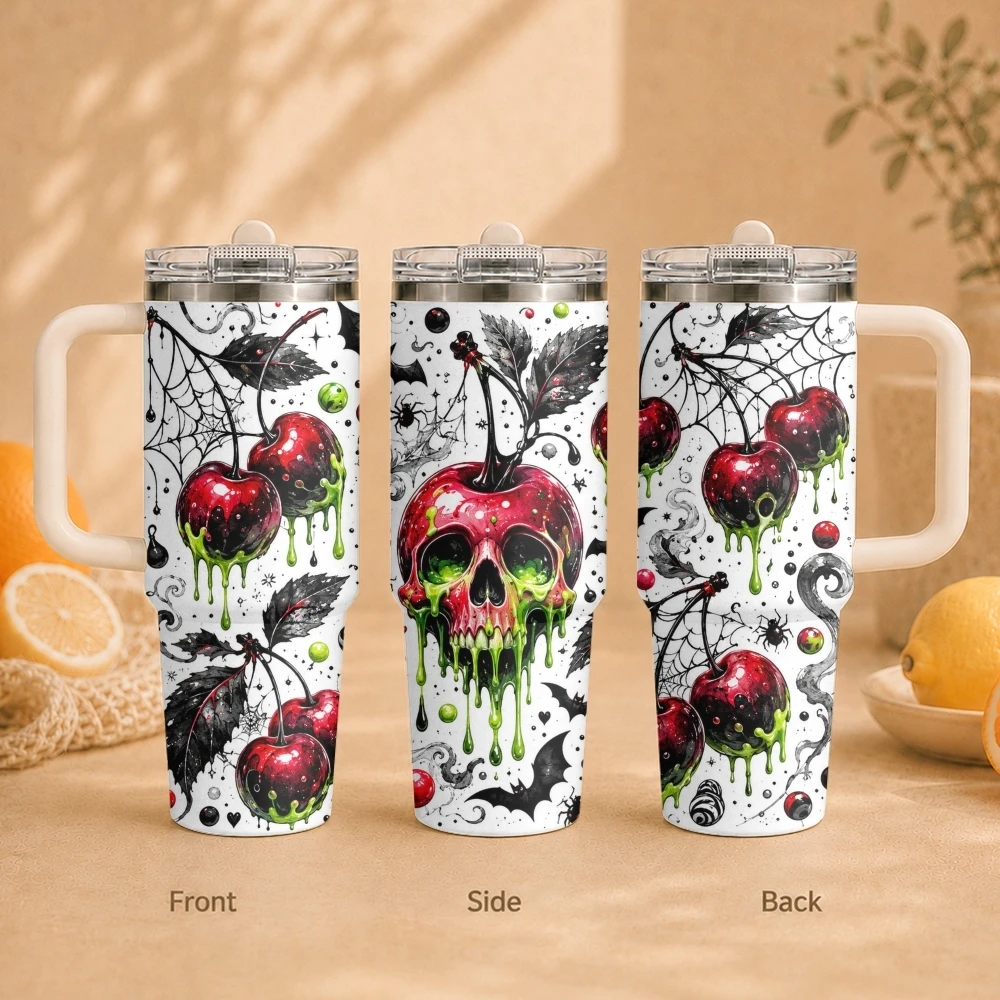 Demon Fruit Design Vacuum Flasks 40oz Vacuum Insulated Travel Mug with Straw & Handle | Stainless Steel Leakproof Tumbler