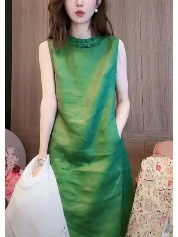 

Spring Summer 2026 Dopa Green A-Line Dress Sleeveless round Neck Commute Style Luxury Long Skirt for Women's Workwear