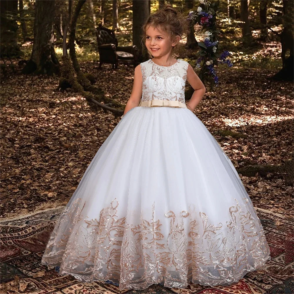 Customized Flower Girl Dress For Wedding Bowknot Appliques Lace Sleeveless Floor Length Kids Birthday First Communion Gown