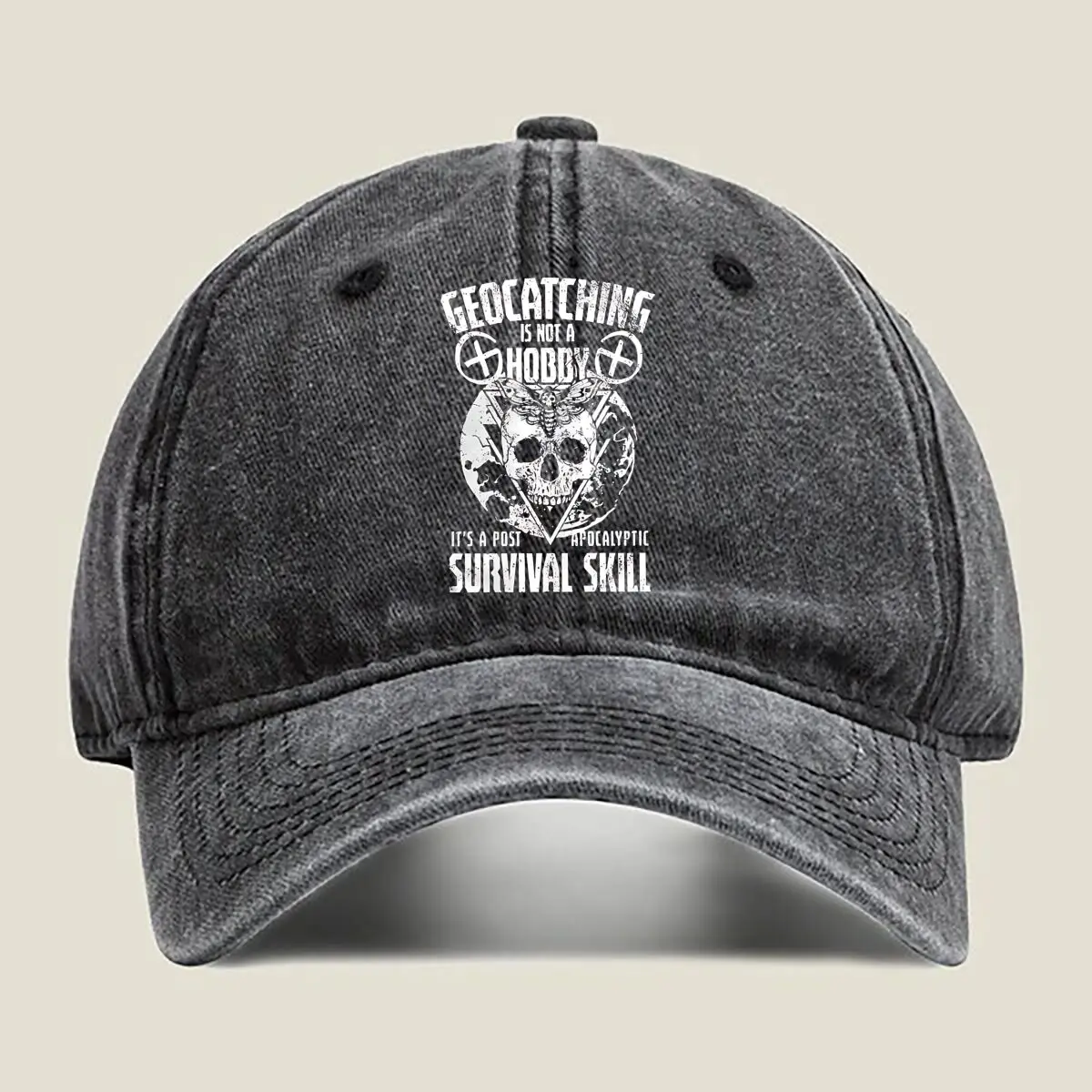 

GEOCACHING IS NOT A HOBBY text with survival - themed graphic for an outdoor activity vibe Washed Baseball Cap