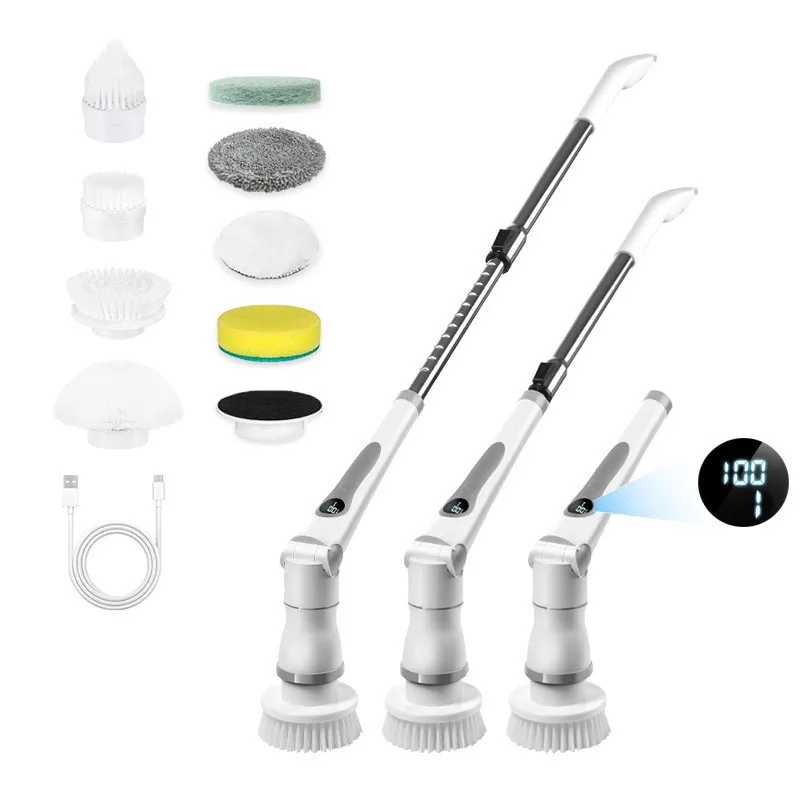 

Electric Spin Scrubber with 8 Replaceable Brush Heads IPX6 Waterproof Adjustable Extension Rod for Bathroom Kitchen Tile Grout