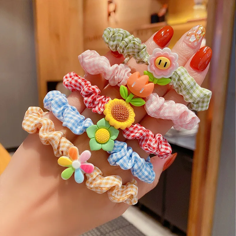 5/10pcs/Set Cute Children Elastic Hair Bands for Kids Girls Plaid Cartoon Scrunchies Hair Rope Hair Circle Baby Hair Accessories