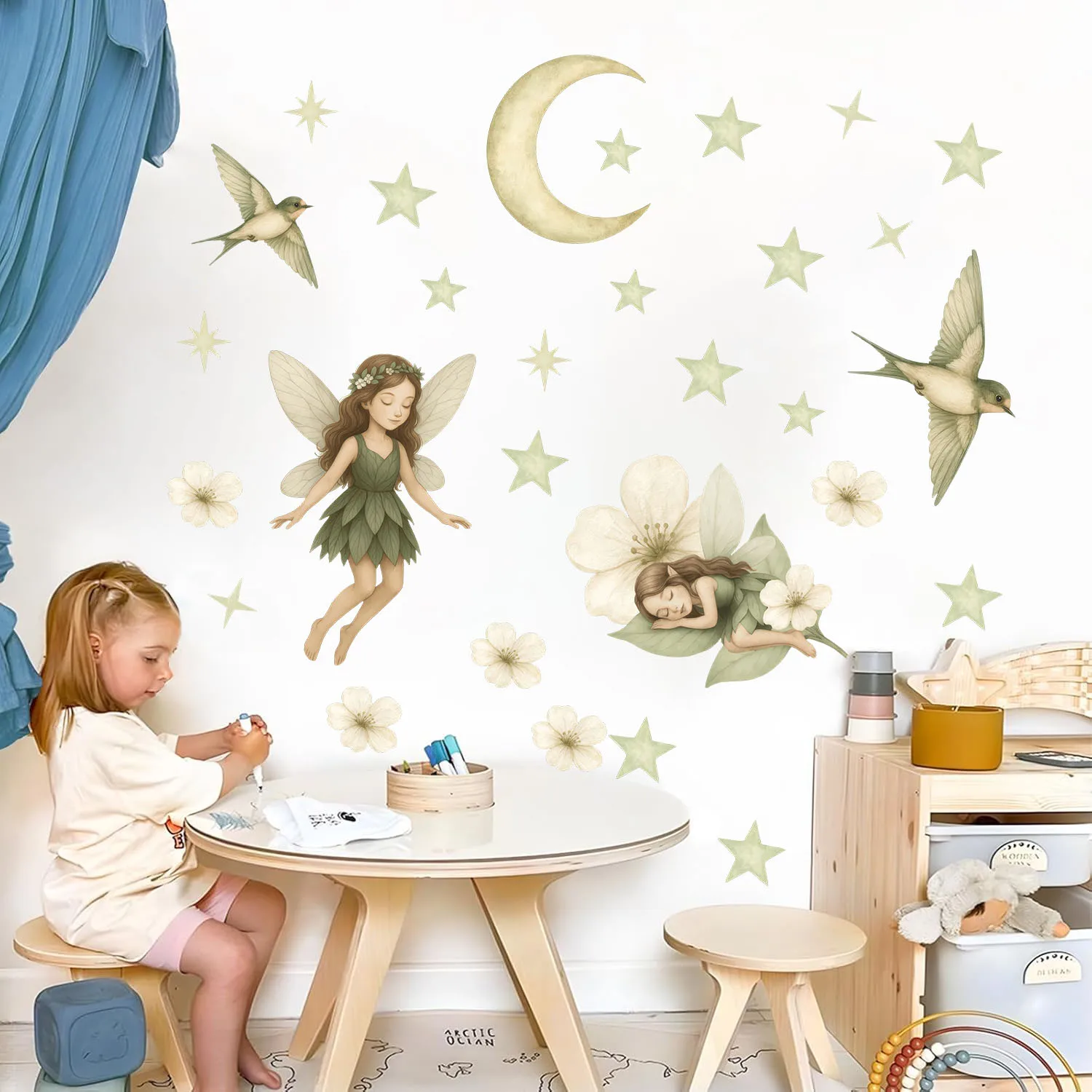 Cartoon Magic Fairy Stars Birds  Moon Flower Wall Stickers Decals for Girl Room Kids Room Playroom Wall Decor
