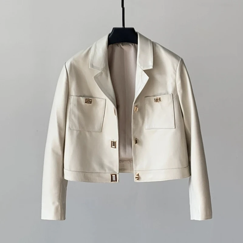 100% echtes Leder Frauen Kurze Blazer Jacke Mäntel Mode Schwarz/Weiß Weibliche Herbst Metall schnalle Casual Schaffell Anzug Jacken
