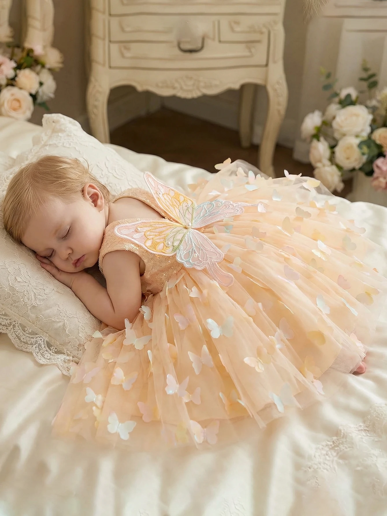 Baby Girls Baptismal Dress,Champagne Sequined Net Fabric Dress,3D Butterfly Decoration, Princess Dress, Party, Wedding, Banquets