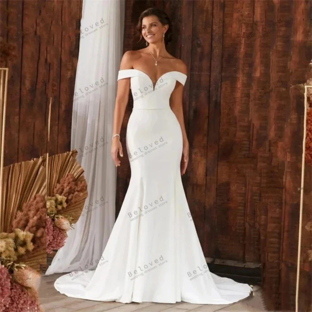 Wdzięku suknie ślubne satynowe proste suknie ślubne Off The Shoulder płaszcza syrenka tren typu Sweep szaty eleganckie Vestidos De Novia