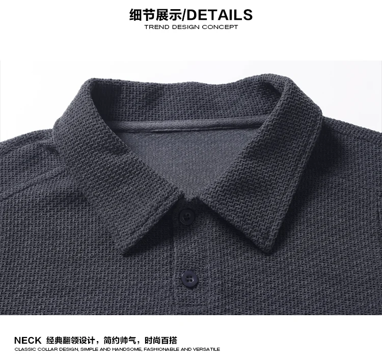 Herren-Poloshirt mit strukturierter Oberfläche, langen Ärmeln, Reverskragen, lockerer, übergroßer Passform, lässig, für den täglichen Gebrauch, einfarbig, modische Oberteile für Herren. – Detail 13