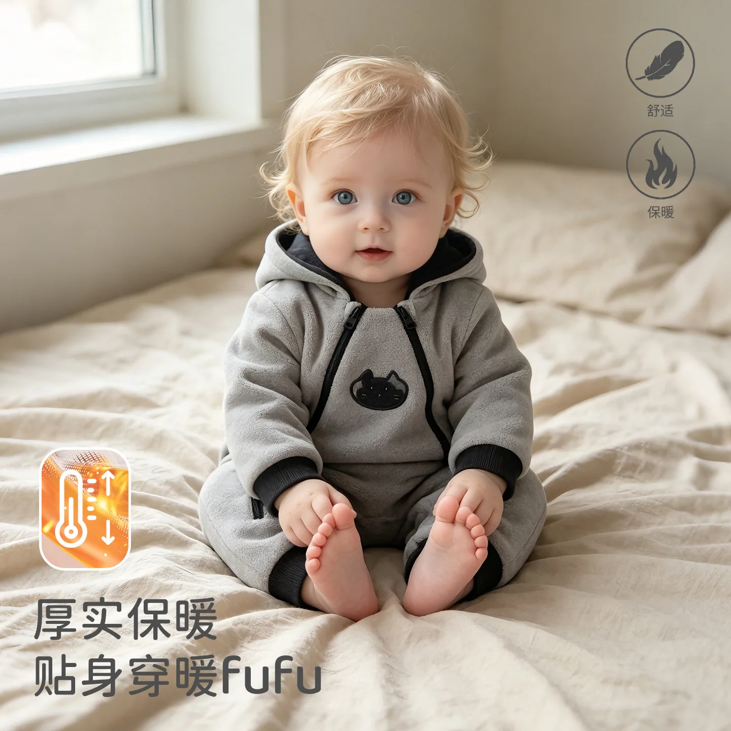 Somenie Baby Romper Fall Winter Fleece Lined Warm Bodysuit Double Zipper Newborn Outdoor Thermal Jumpsuit