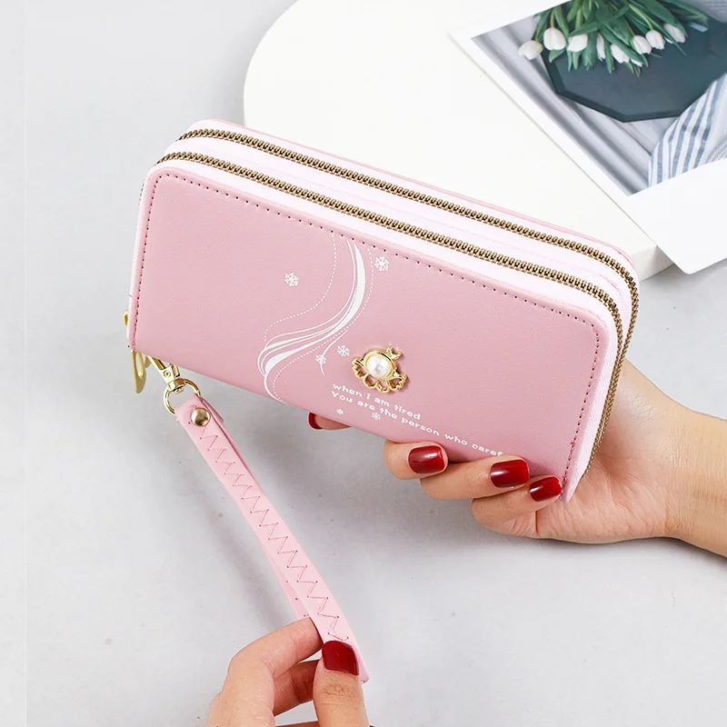 Double zipper Long Wallet women's 2021 new high-capacity wrist handbag pearl printing mobile phone bag