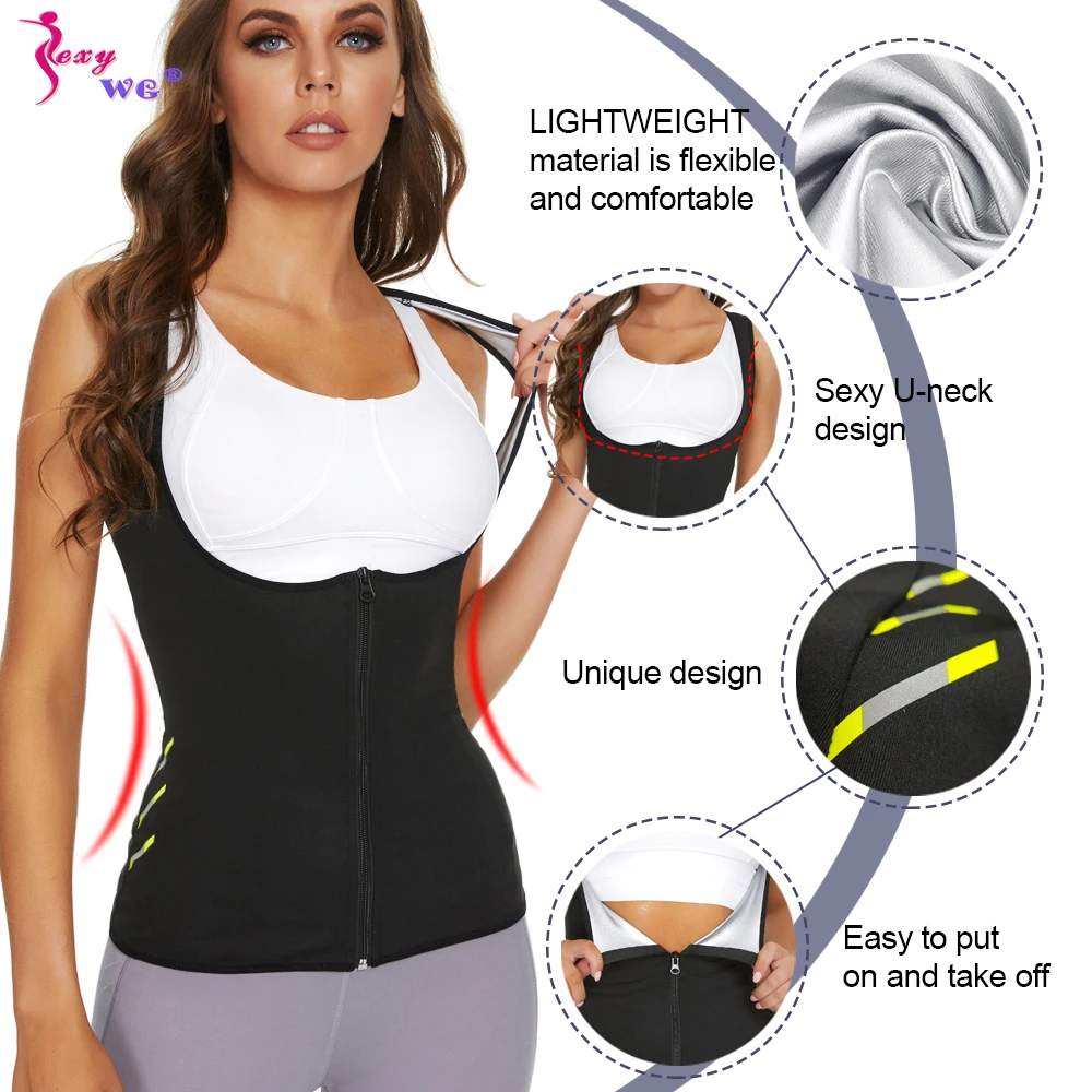 SEXYWG Women Slimming Sauna Shirt Body Shaper Waist Trainer Sweat Corset with Zipper Gym Fitness Tank Top Sport Vest Weight Loss