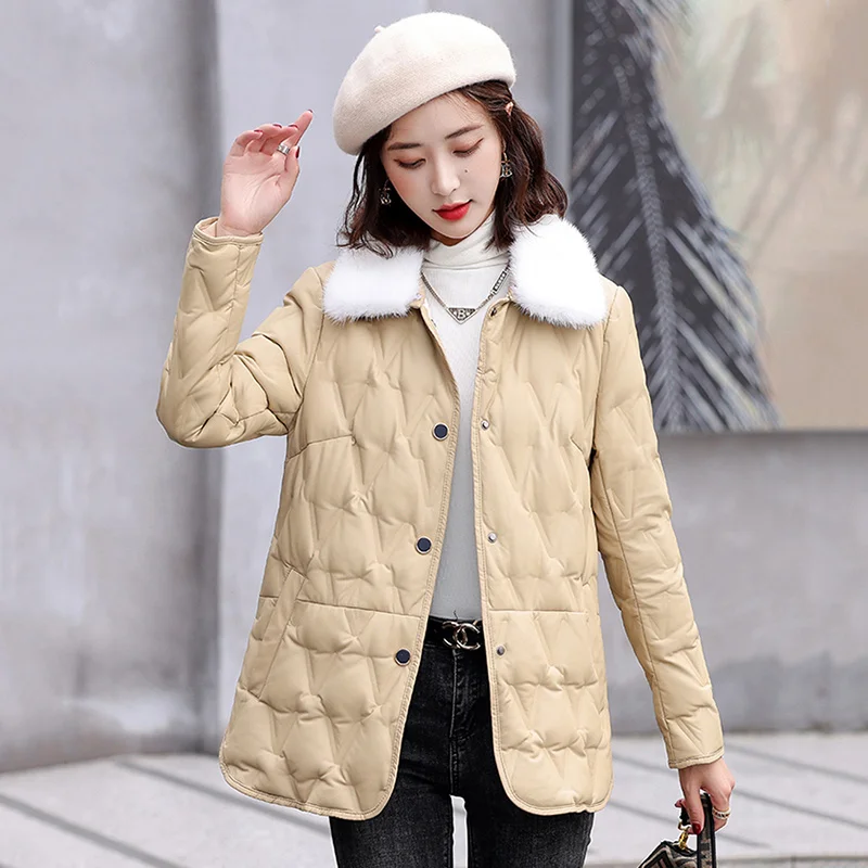 Down New Women Leather Jacket Autumn Winter 2023 Casual Fashion Mink Fur Collar Solid Color Loose Short Sheepskin Down Coat