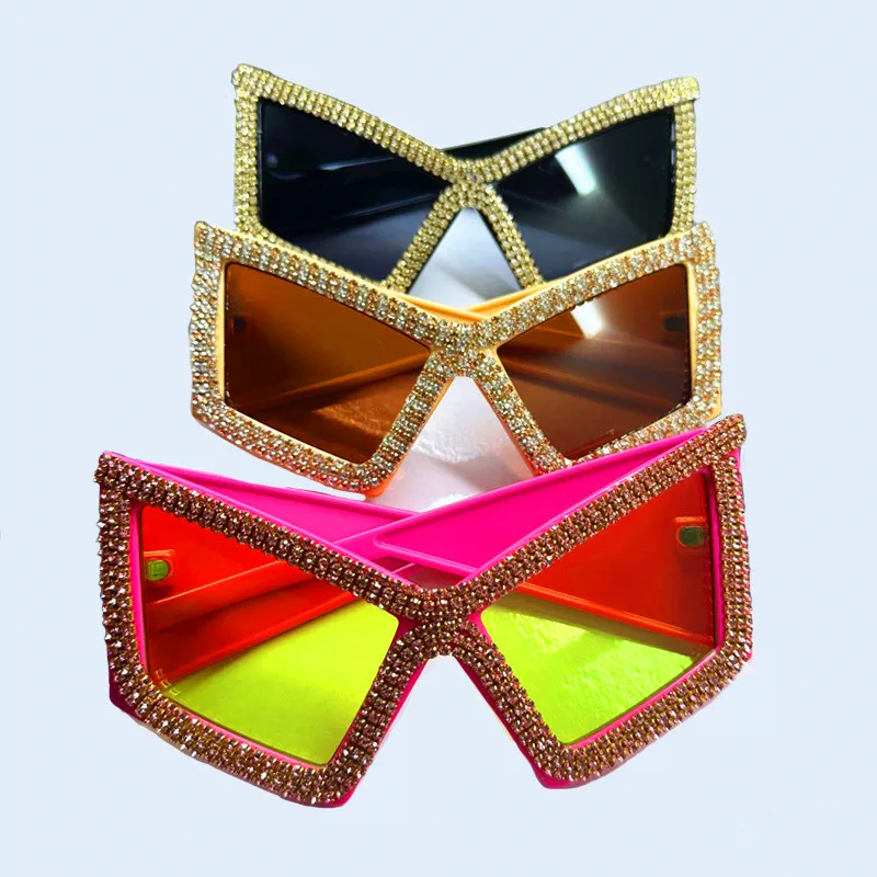Diamant Quadrat Sonnenbrille Frauen Luxus Strass Großen Rahmen Sonnenbrille Weibliche Outdoor UV Schutz Kristall Damen Brillen – Detail 3