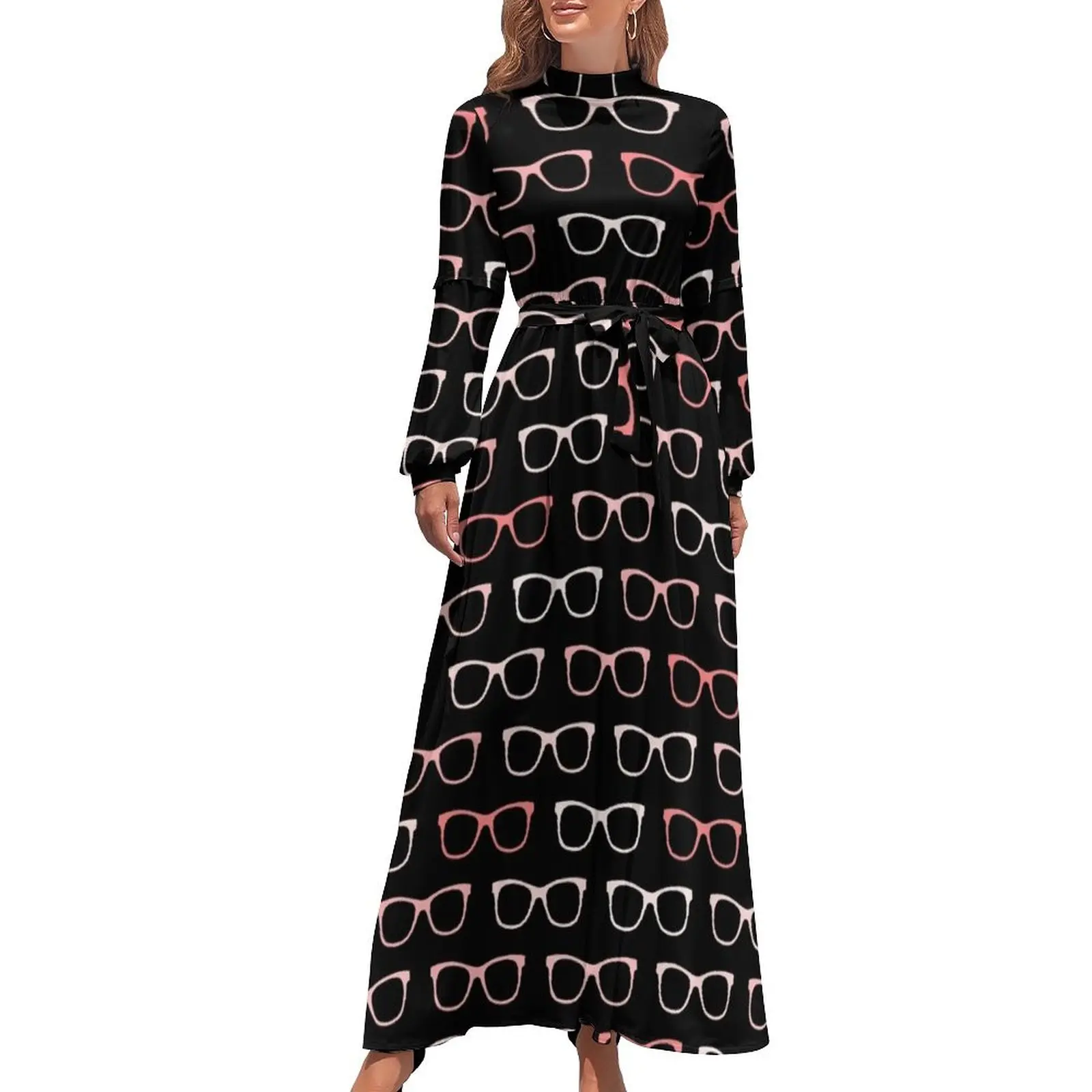 

Pink Black Hipster Eyeglasses Pattern Long Dress dress women elegant luxury Woman clothes