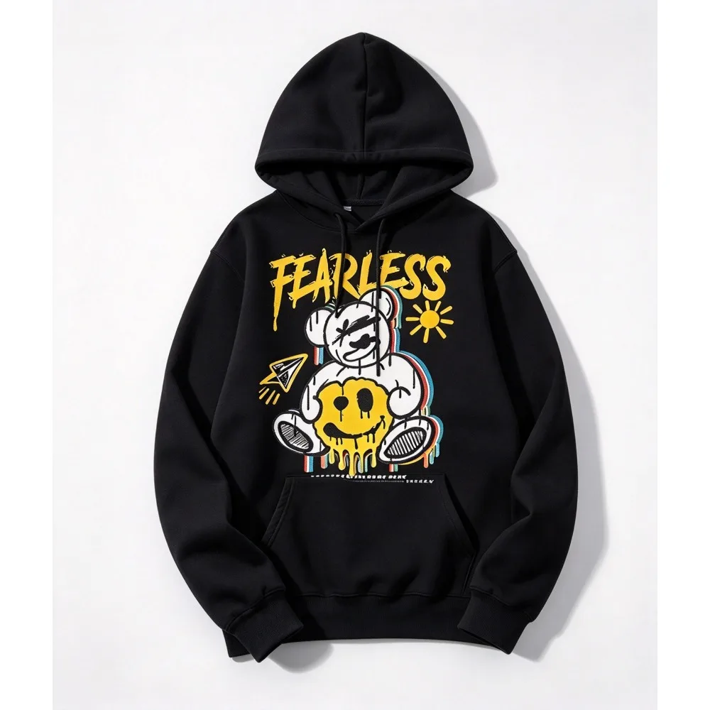 2026 New Fearless Graffiti Bear Hoodie Letter Smiley Face Graphic Print Unisex Harajuku Streetwear Sweatshirt Fan Gift Tops