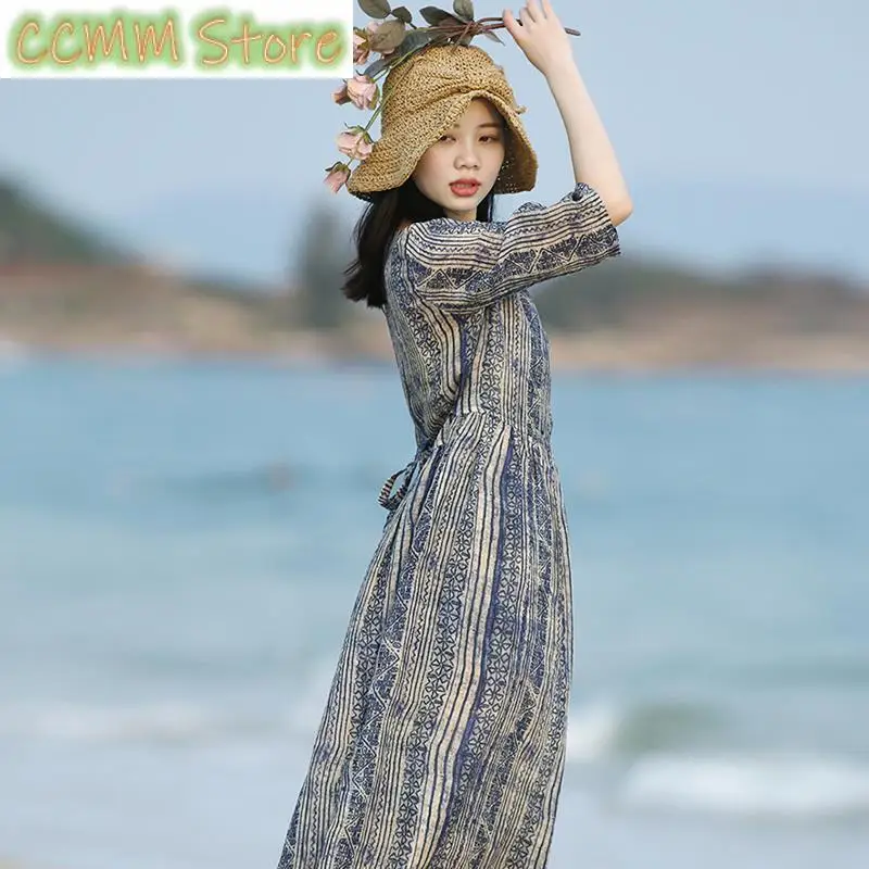 Fashion V-Neck Pockets Bandage Printed Striped Vintage Dress Female Clothing Summer New Loose All-match Casual Dresses