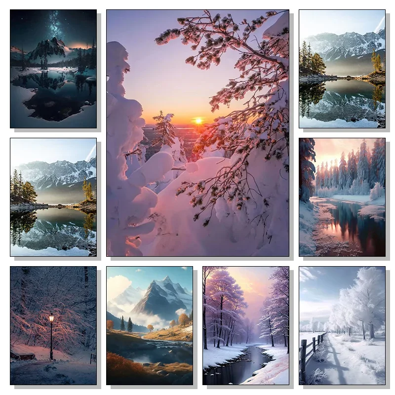 Snow Winter Landscape Alpine Tree Snowy Mountain Sunset Poster Print Wall Art Pictures Canvas Painting Living Room Home Decor