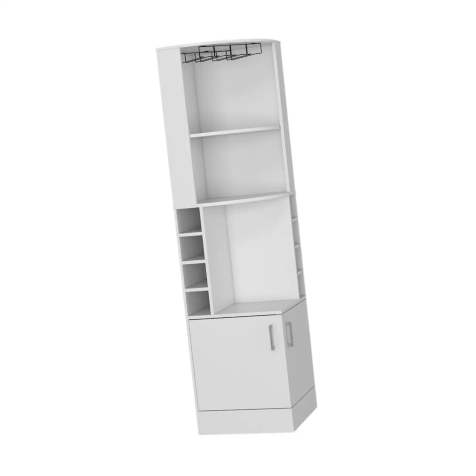 

71" H white corner bar cabinet, with two shelves at the top, 1 glass holder,