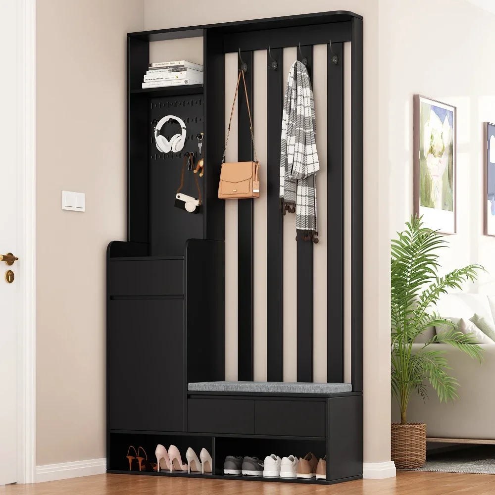 Set armadio compatto bianco armadio da ingresso con panca 4 ganci ante cassetti 100×180×35 cm L×H×H