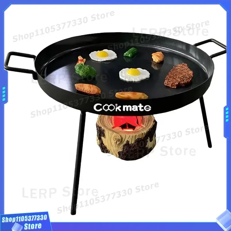 40cm Pre Seasoned Cast Iron Campfire Pan with 3 Removable Legs Round Baking Skillet for Outdoor Camping Cooking Black Frying