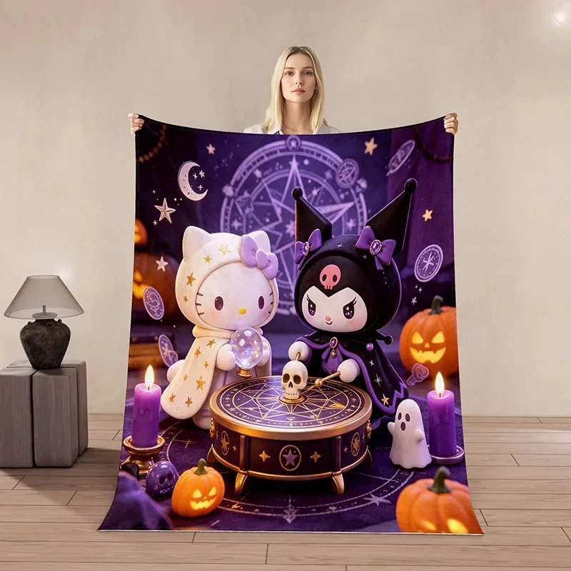 Hello Kitty Warm Flannel Throw Blanket, Kuromi Halloween Cartoon Pattern, Gift Blanket For Teen Girls