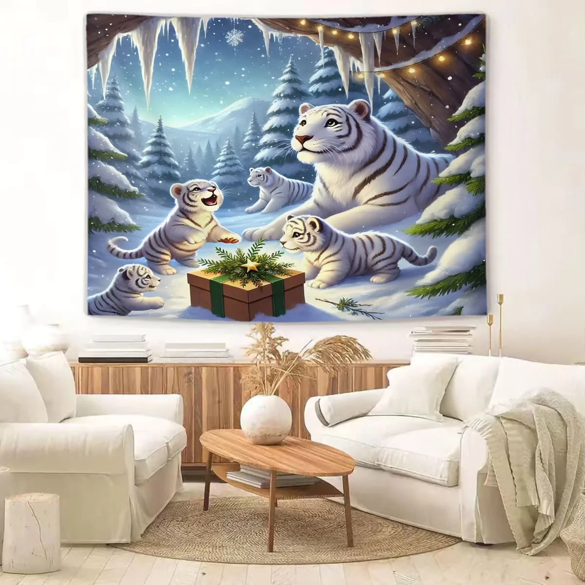 

Гобелен Snowfield для празднования белого тигра: праздничный зимний стиль, идеально подходит для гостиных и отелей, для ярких любителей диких животных