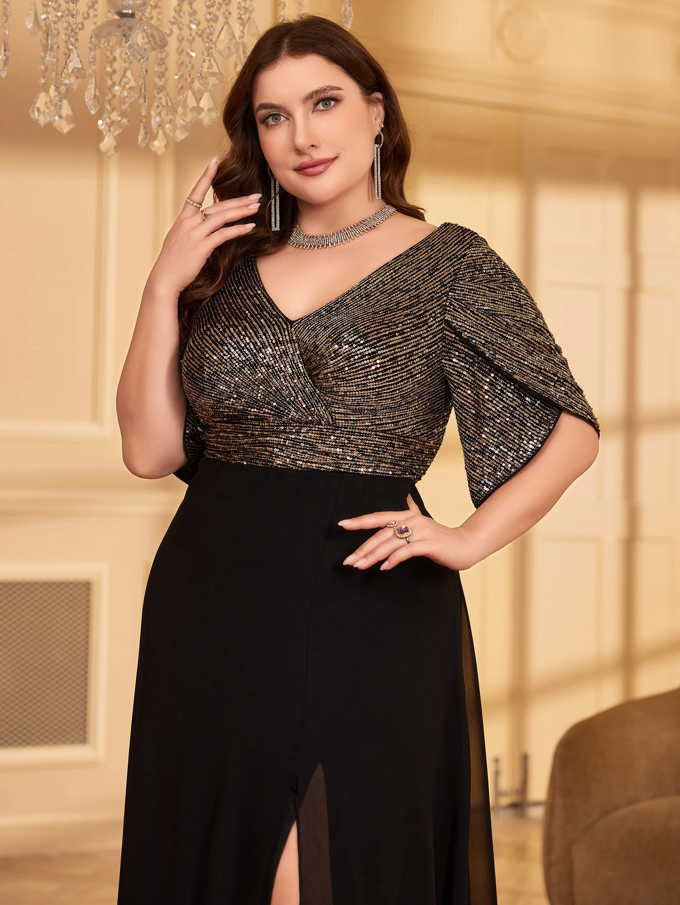 UNITHORSE Plus Size Sequin Patchwork Chiffon Formal Dress Black Elegant Prom Evening Wedding Guest Gown, For Graduation, Dinner view 4