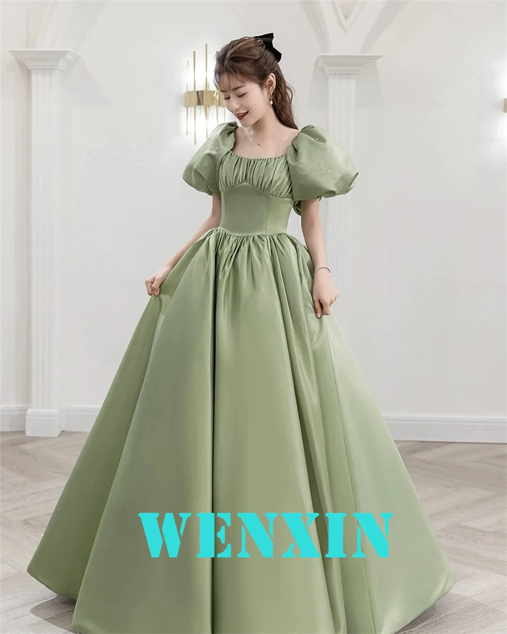 Robe De soirée en Satin vert scintillant, personnalisée, moderne, col carré, manches courtes, robes De retour, à la mode