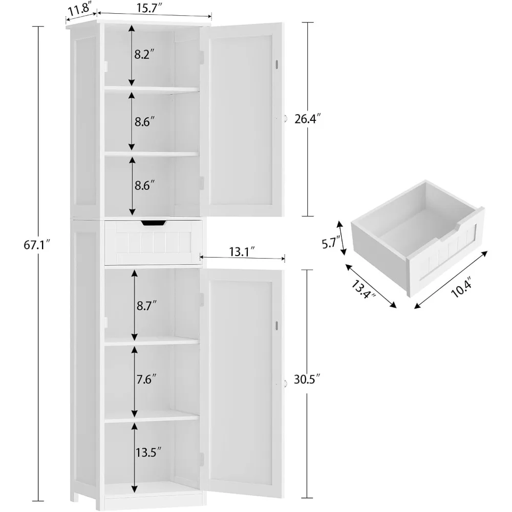 خزانة حمام طويلة 67 بوصة مع بابين ودرج واحد، خزانة تخزين حمام ضيقة مع أرفف قابلة للتعديل، لغرفة المعيشة، E #3