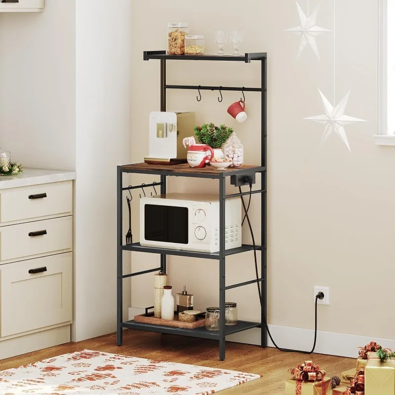 Bakers Rack with Charging Station, Microwave Stand with 6 S-Shaped Hooks, 4-Tier Storage Rack, Practical Coffee Bar, for Kitchen