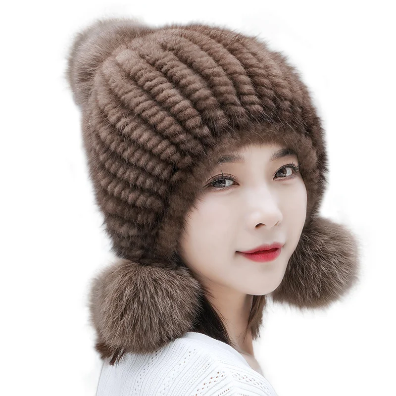 

100% Real Mink Fur Hat Women Winter Knitted Beanie Russian Girls Cap With Fox Fur Pom Pom Hats Thick Female Cap Elastic Hats