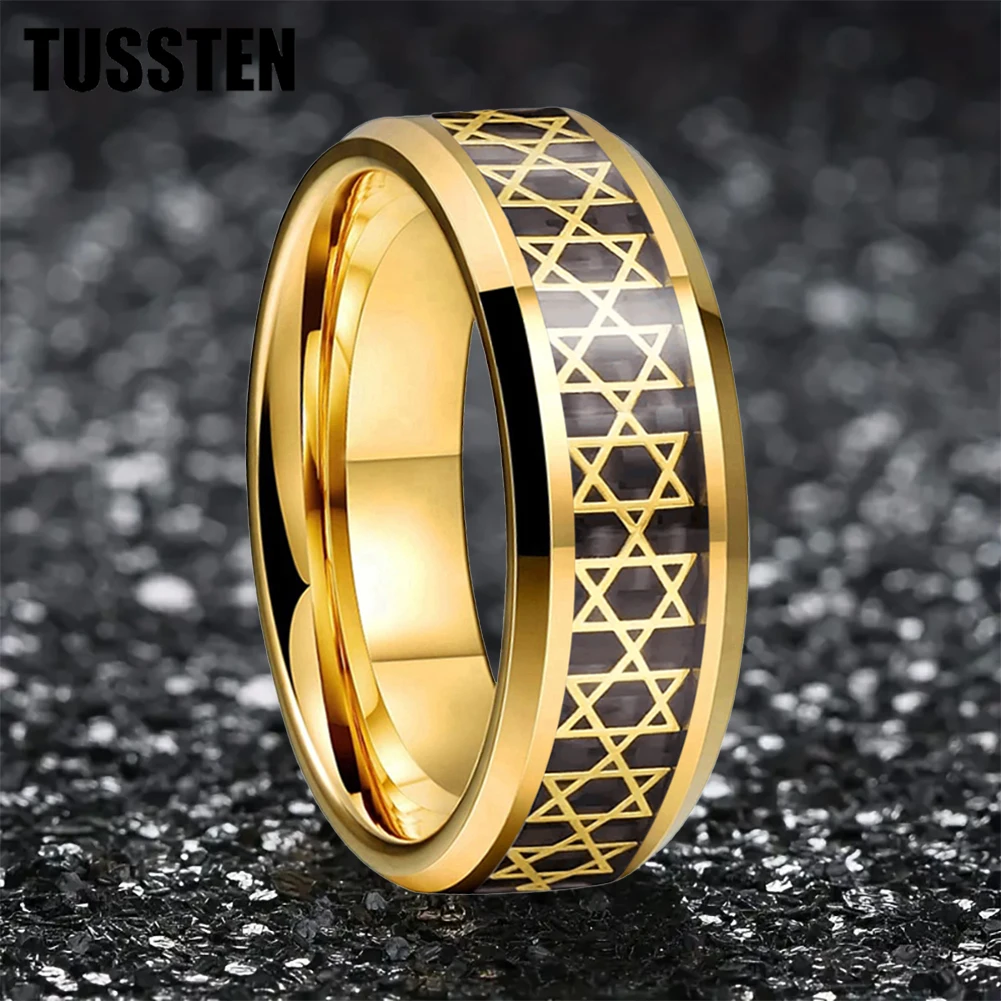 

Dropshipping TUSSTEN 8mm Men's Ring Inlaid Golden Hexagram Star Men's Tungsten Ring Comfortable Fit