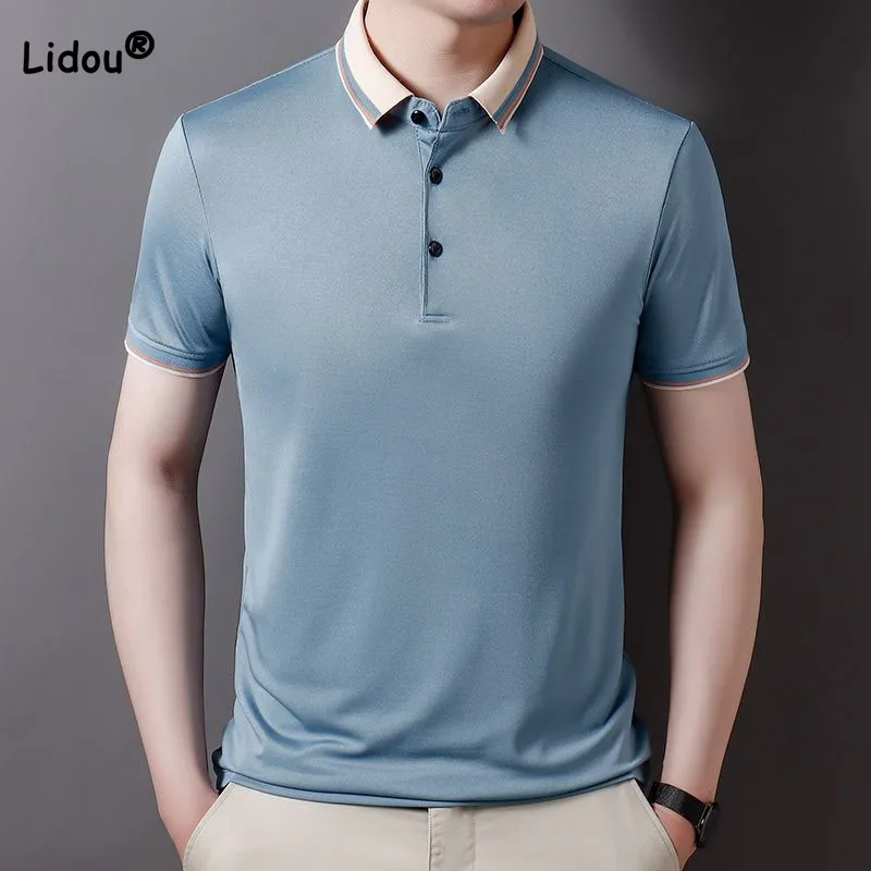 Business Office Casual Contrast Color Men's Polo T-shirt Simplicity All-match Short Sleeve Pullovers Tops Male Clothes 2023