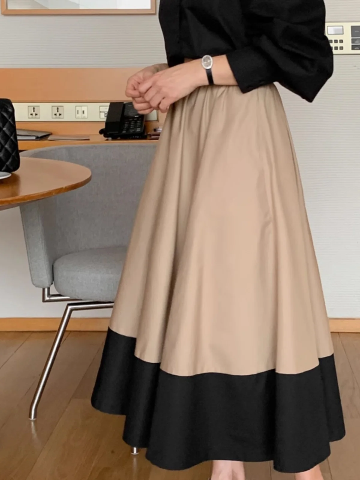 

Ele Collared irt Top Women's plus High Waist Slimming Splice Skirt Mid-Length A-Line Skirt Korean Sle Pure Color