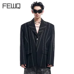 FEWQ Niche Fashion Striped Suit Jacket Autumn Winter Double Breasted Suit Bright Line Decoration 2024 Male Tops 24E2538