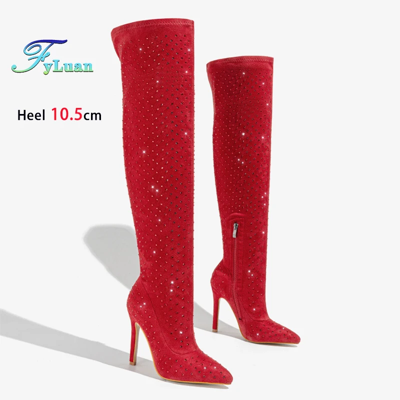 

Сексуальные женские сапоги выше колена со стразами, клубная обувь для вечеринок с острым носком, эластичная замша, тонкие сапоги до бедра на тонком высоком каблуке 10,5 см