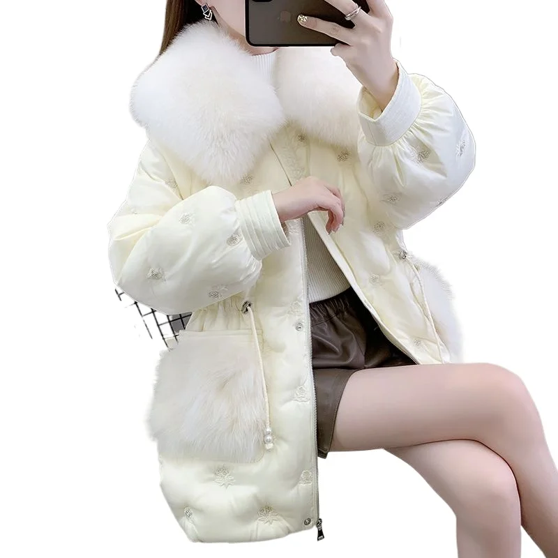 

Хутряный воротник с большим меховым воротником, зимнее новое среднее и длинное пальто с талией Parker, тонкое теплое пуховое хлопковое пальто, женское пальто, темпераментное пальто для поездок на работу